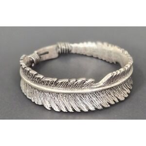 Lucky Brand Feather Bangle Bracelet Silver Tone Boho Chic Statement Chunky